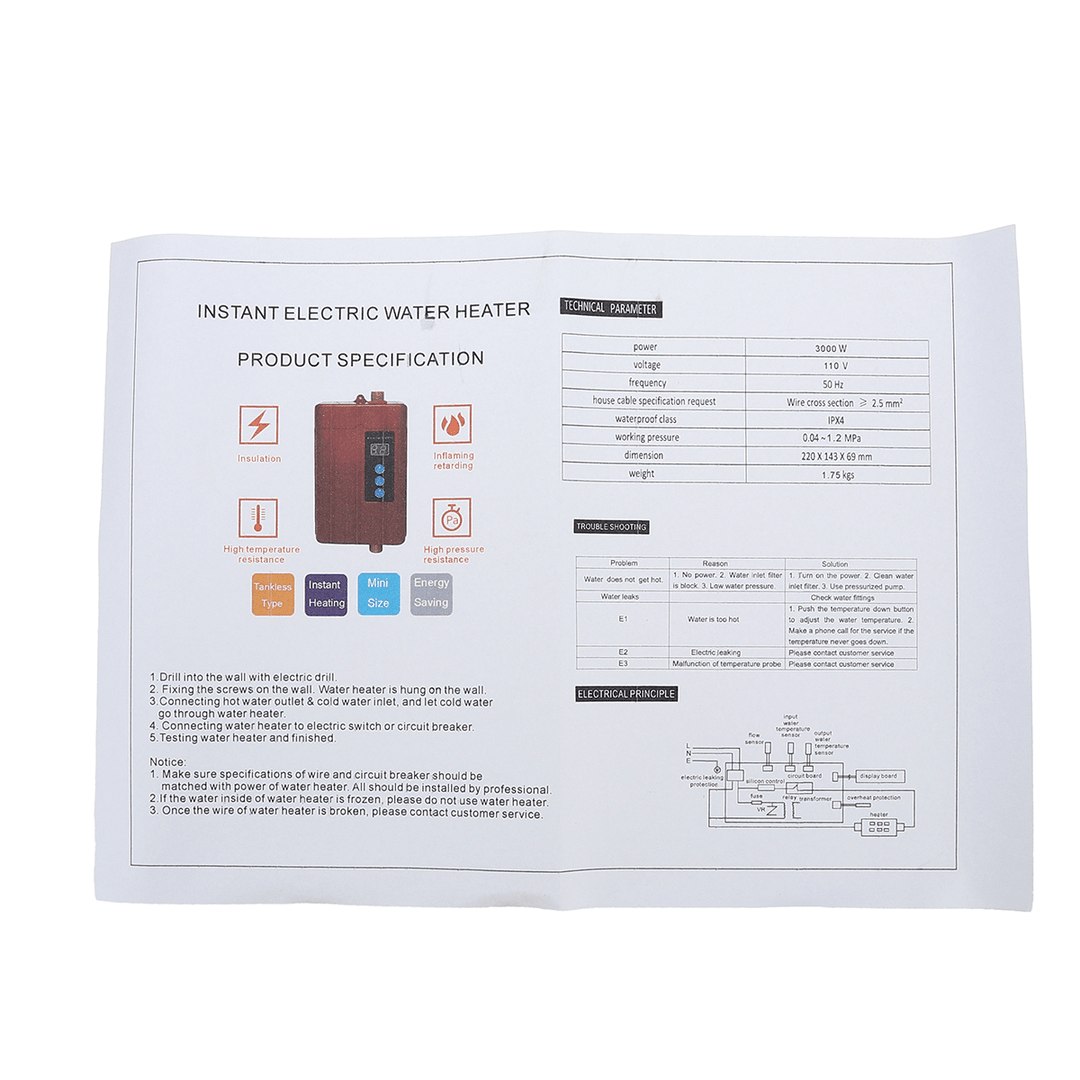 4000W LCD Mini Electric Tankless Hot Water Heater Instant Heating for Bathroom Kitchen Washing