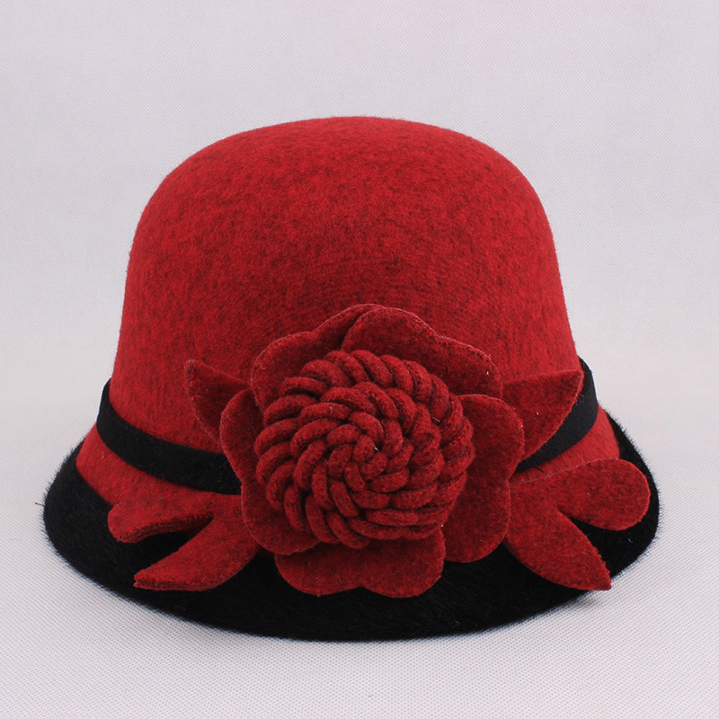 Women Warm Woolen Bowler Hat Flower Ethnic Bucket Hat