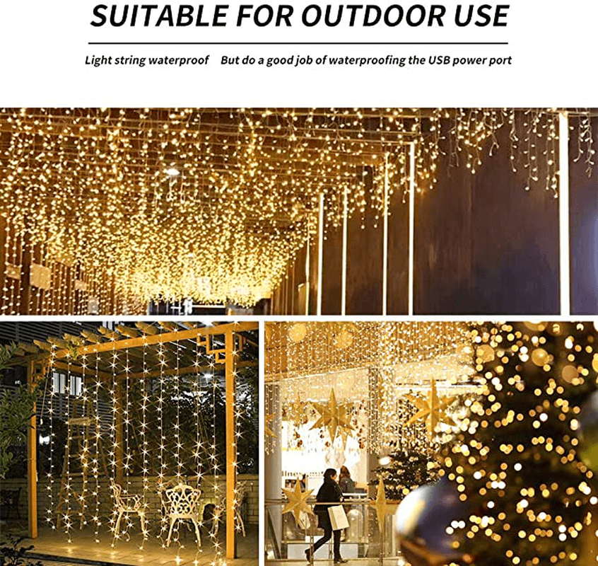 3X3M300 GYTF Curtain Lights with Sound Activated USB Powered LED Fairy Christmas Lights with Remote Sync-To-Music Setting 8 Mode Hanging Light for Bedroom Wedding Decorations