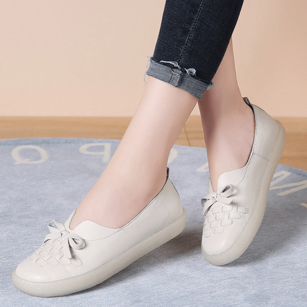 Women'S Leather Slip on Solid Color Woven Bowknot Asakuchi Flats Loafers Shoes