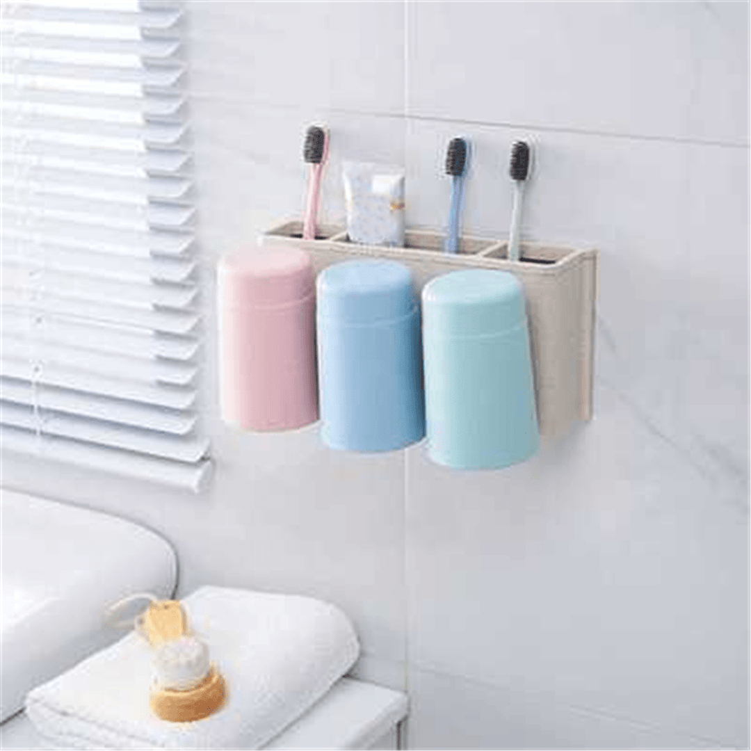 Multifunctional Wheat Straw 6 Toothbrushes Holder 2 Cups Suction Stand Home Bathroom Wall Mount - MRSLM