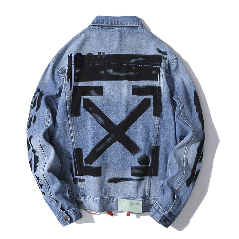 New Men'S Casual Basic Arrow Letter Graffiti Denim Jacket