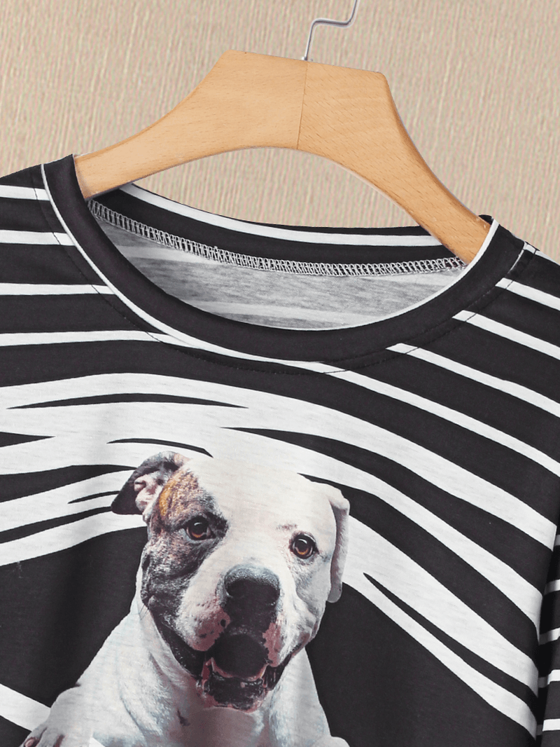 Women 3D Dog & Stripe Print O-Neck Pullover Casual Sweatshirts