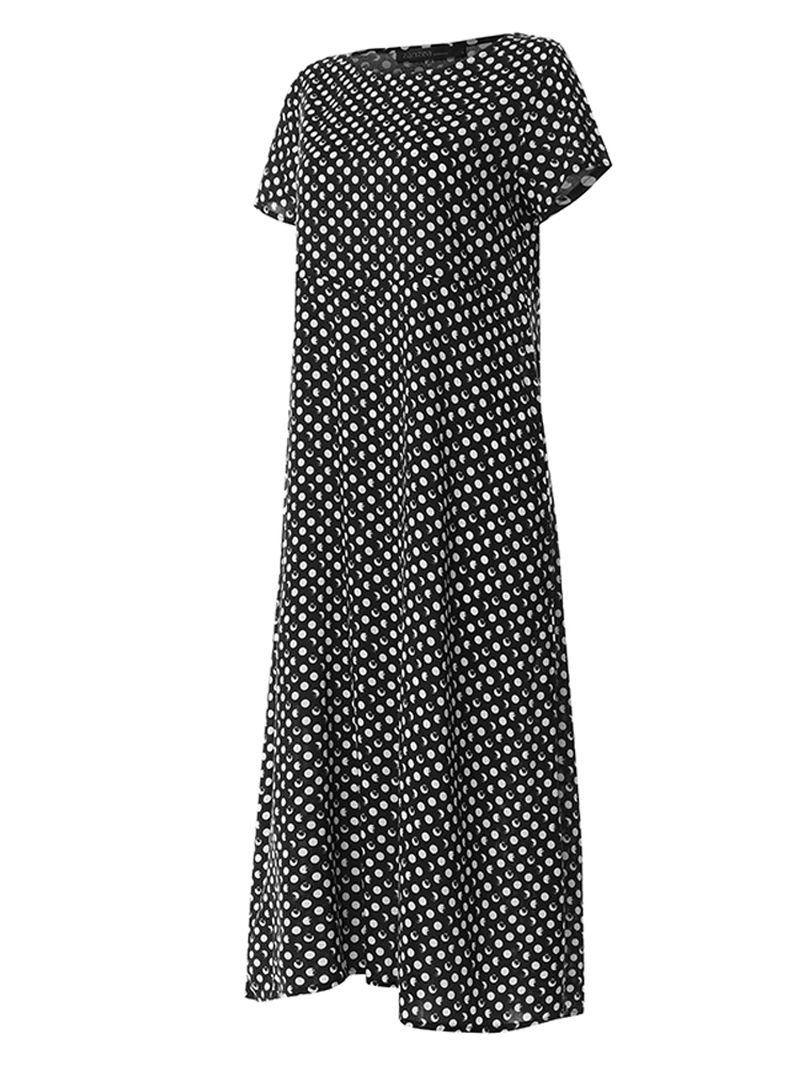 Crewneck Polka Dot Print Short Sleeve Midi Dress - MRSLM