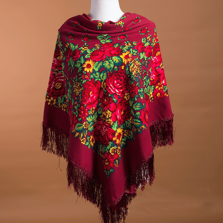 Large Square Scarf Shawl with Ethnic Print Tassels to Keep Warm