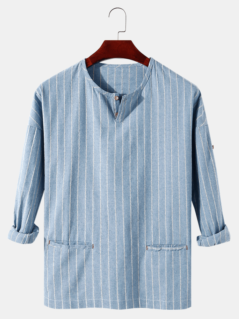 Mens Stripe Half Open Collar Double Pocket Casual Henley Shirts