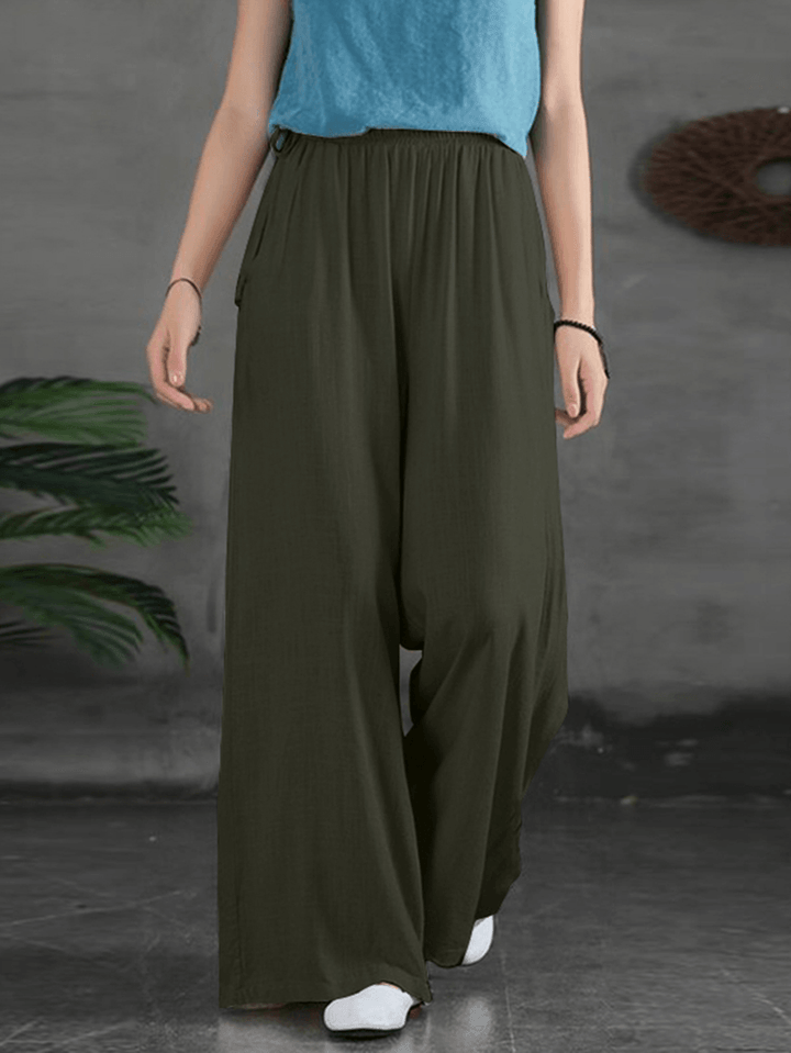 Women Casual Solid Color Side Drawstring Loose Wide Leg Pants with Pockets - MRSLM