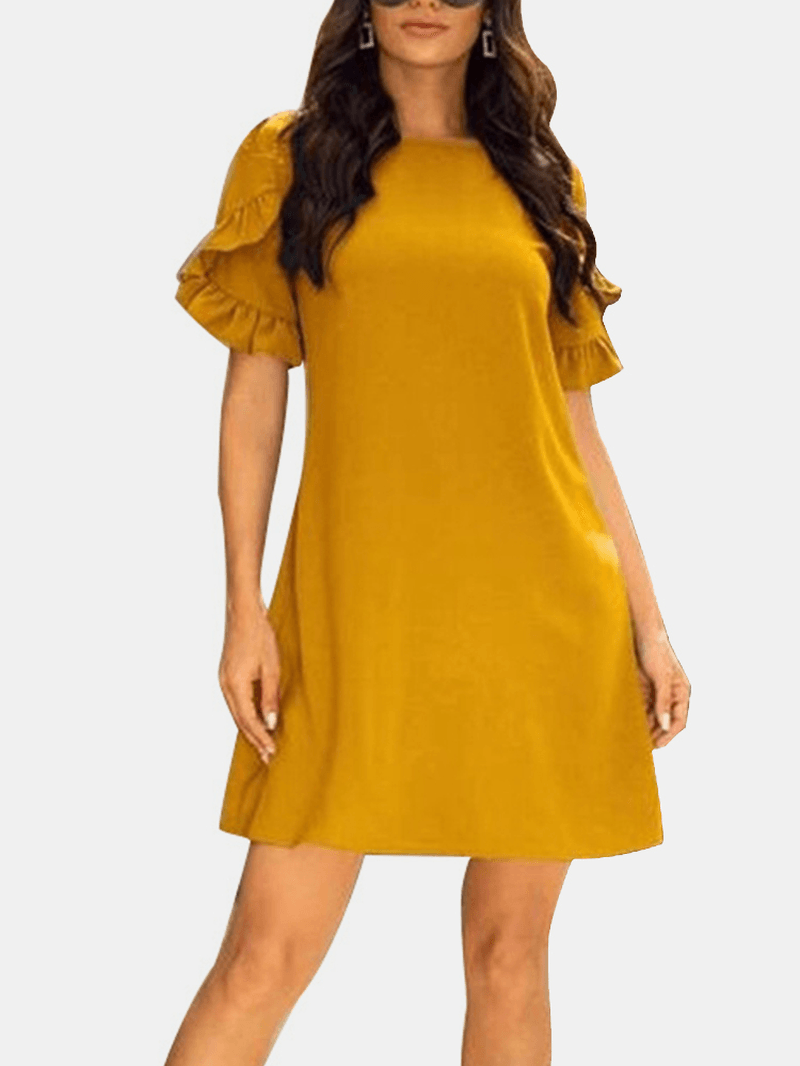 Solid Causal V-Neck Short Ruffled Sleeve Dress for Women