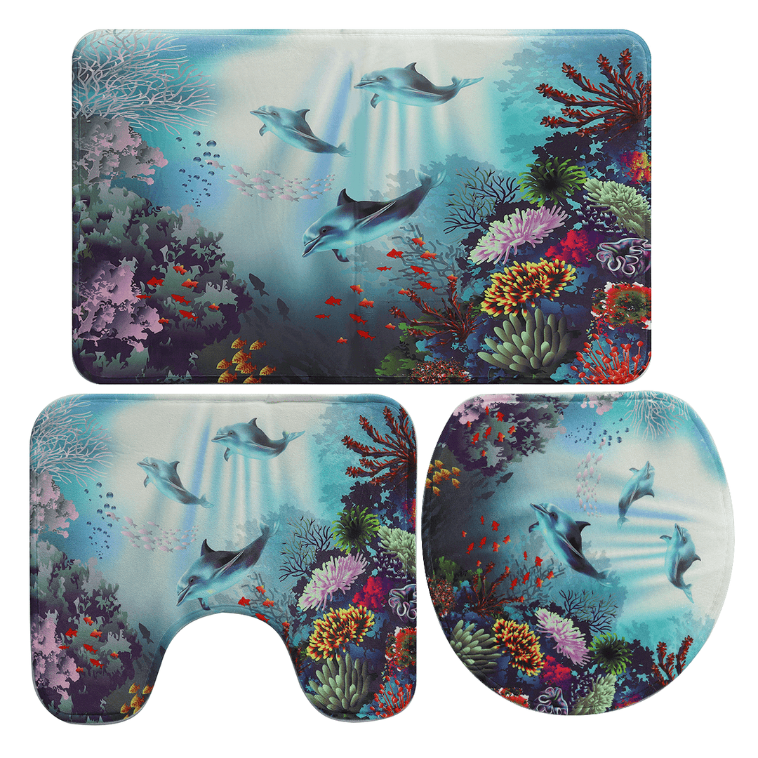 Printed Ocean World Whale Waterproof Bathroom Shower Curtain Toilet Mat Set - MRSLM