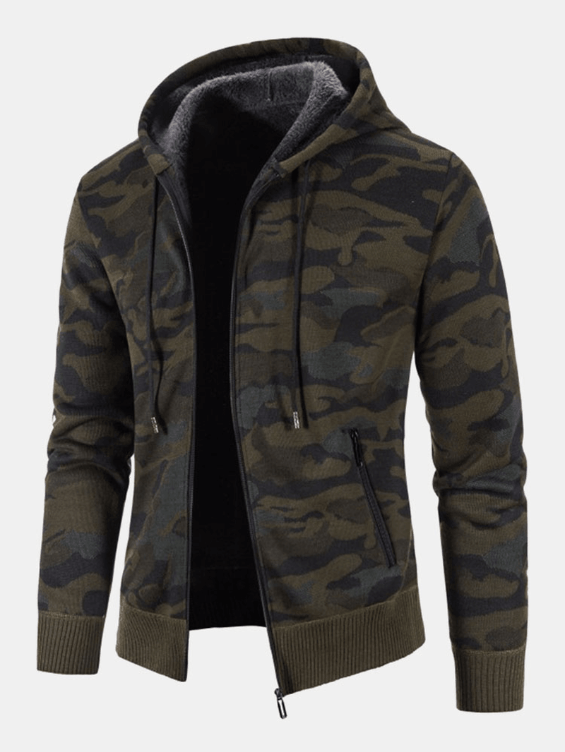 Mens Cotton Camo Printed Plush Lined Zipper Slant Pockets Jackets