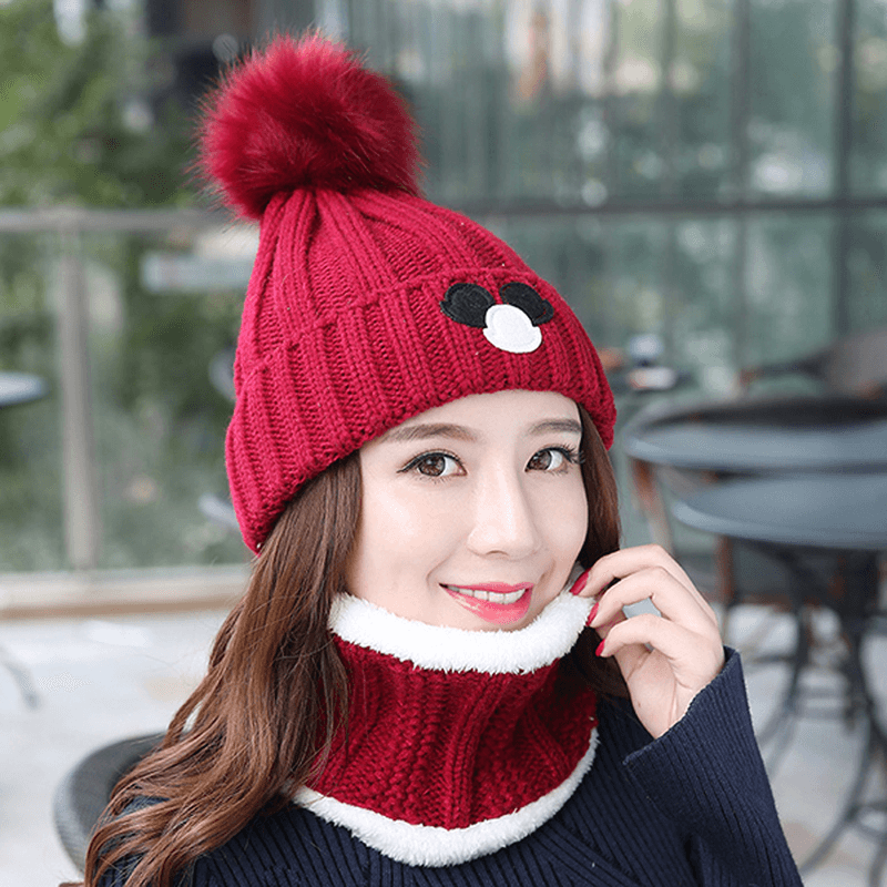 Women Windproof Thicken plus Velvet Knit Hat Scarf Set Winter Earmuffs Beanie Cap