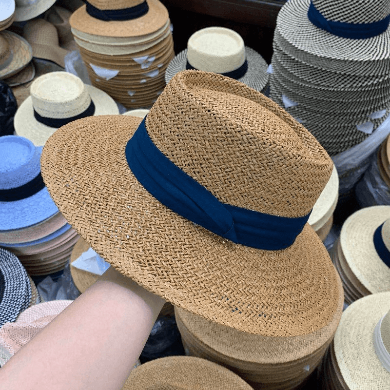 Summer Hat Flat Straw Hat Female Raffia Straw Hat Beach Vacation Sun Shade Sun Hat Fisherman Hat Net Red