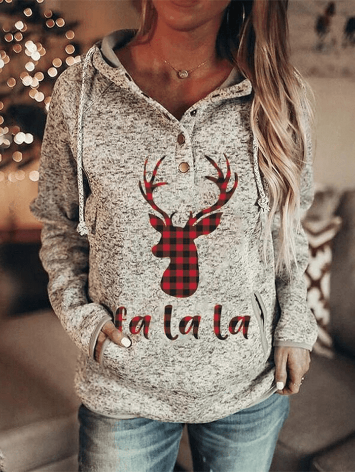 Women Christmas Elk Letter Print Raglan Sleeve Kangaroo Pocket Button Collar Hoodies