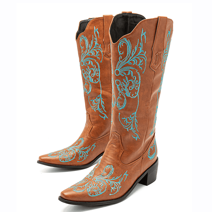 Women Floral Retro Embroidery Leather V-Cut Pointy-Toe Chunky Heel Mid-Calf Knight Boots