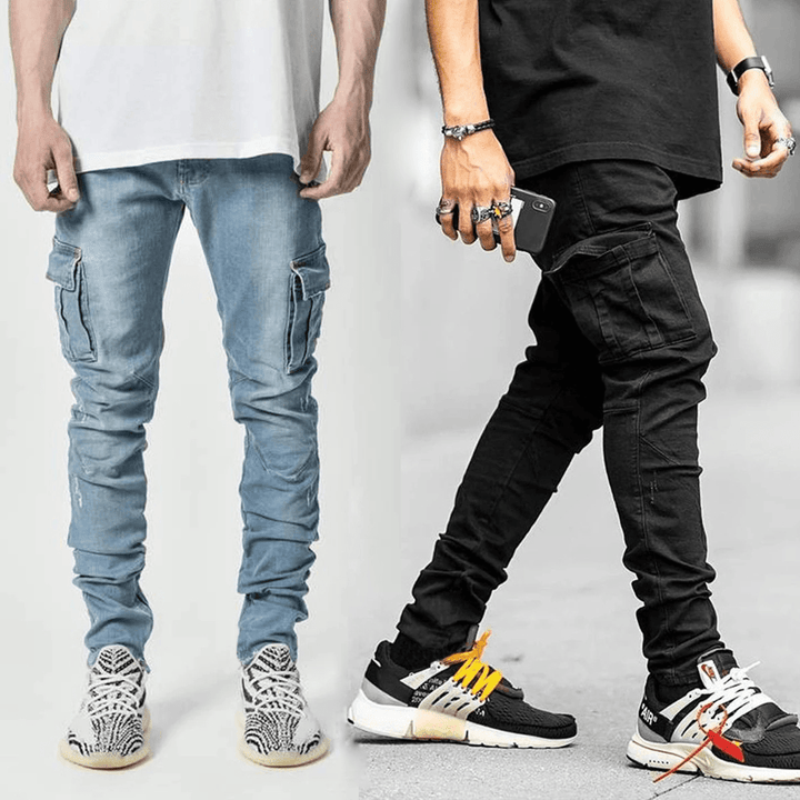 Fashionable and Simple Men'S Multi-Pocket Tooling Jeans