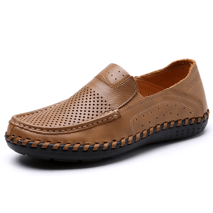 Men Leather Breathable Hollow Out Hand Stitching Soft Sole Non Slip Comfy Casual Shoes