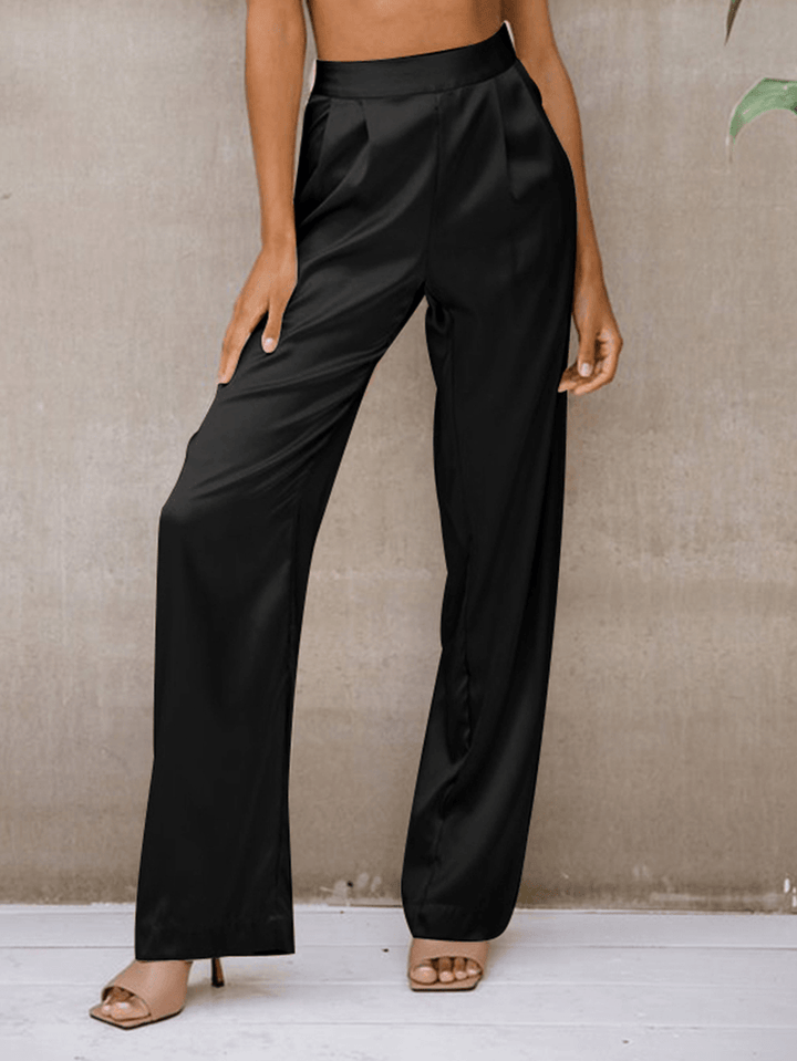 Women Solid Simple European Commute Smooth Pants with Pleats