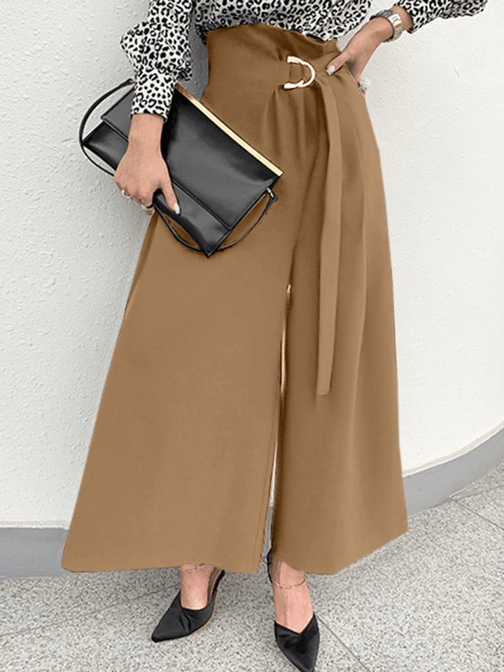 Women Solid Pleats Spliced Wide-Legged Floor Maxi Length Casual Pants