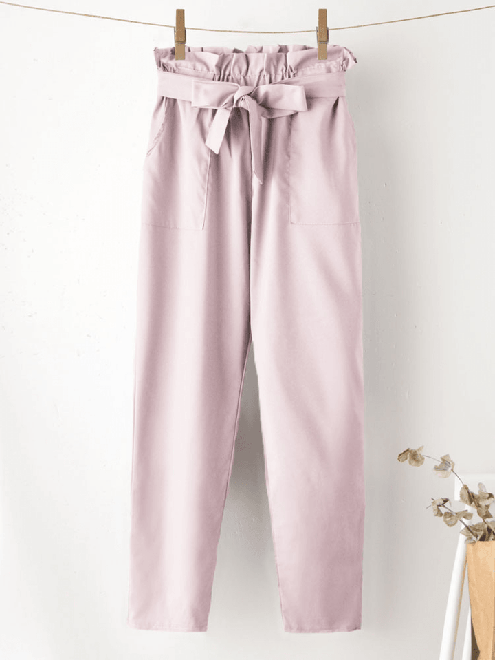 Solid Color Ruffle Knotted Pocket Casual Cropped Pants for Women