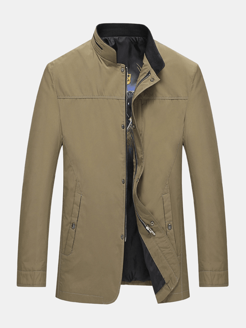 Mens Solid Color Stand Collar Pocket Classic Jacket