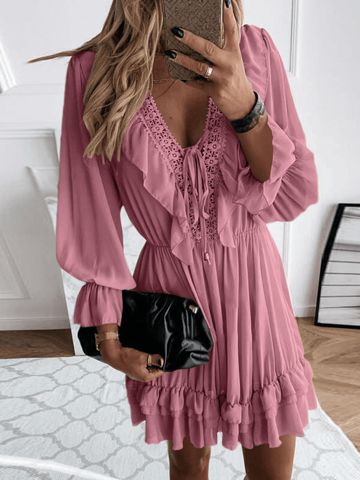 Solid Pleating Leisure Long Sleeve Casual Dress for Women