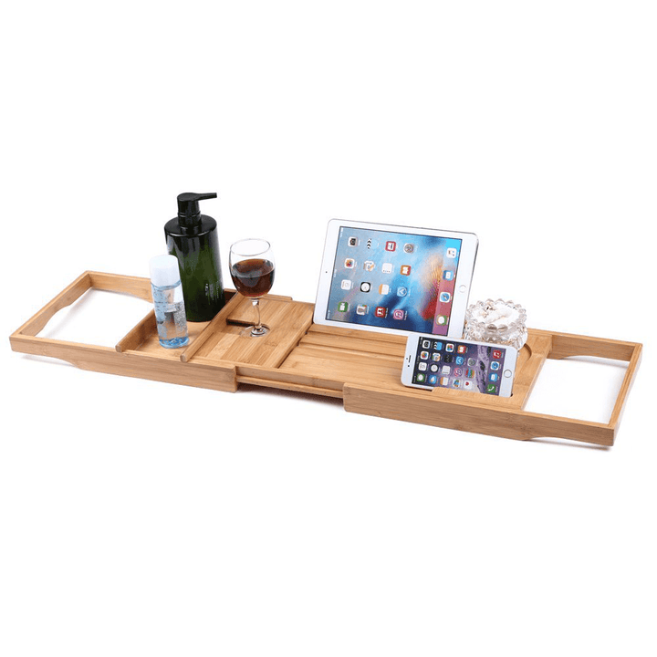 Honana BX-816 Expandable Bamboo Bath Caddy Wine Glass Holder Tray over Bathtub Rack Support Storage