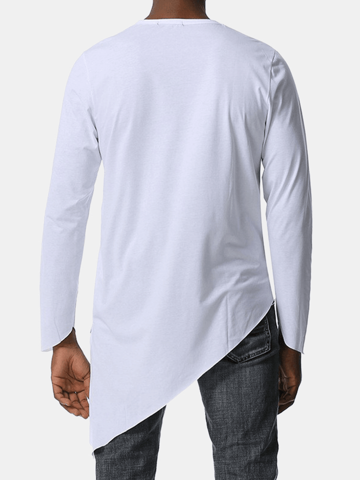 Mens Solid Color round Neck Long Sleeve Asymmetrical Hem Simple T-Shirts