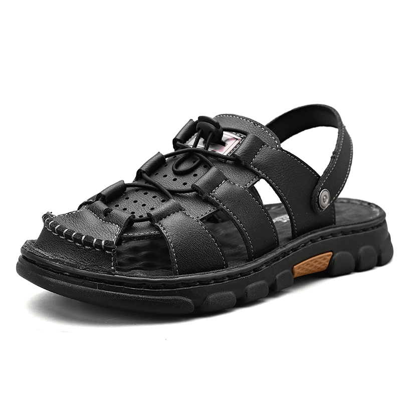 Men Cowhide Leather Soft Sole Two-Ways Non Slip Elastic Laces Trendy Casual Sandals