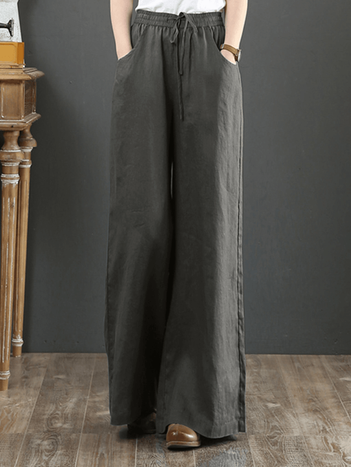 Women Solid Color Elastic Waist Drawstring Wide Leg Pants with Pocket