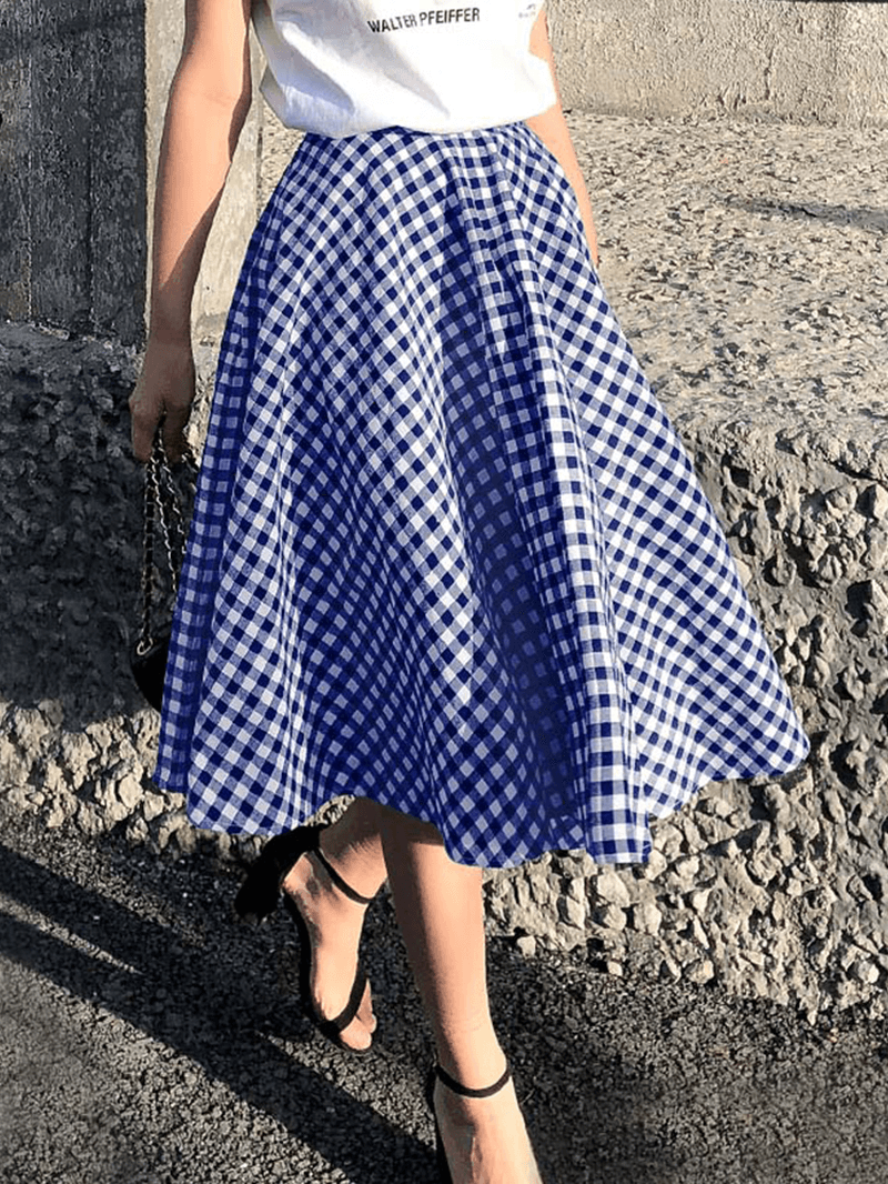 Women Plaid Pleated Spliced Loose Casual Leisure Skirts - MRSLM