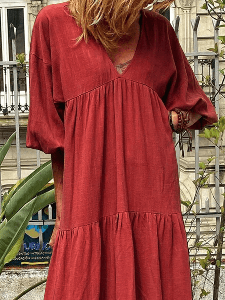 Women V-Neck Cotton Long Sleeve Puff Sleeve Maxi Dresses with Side Pockets