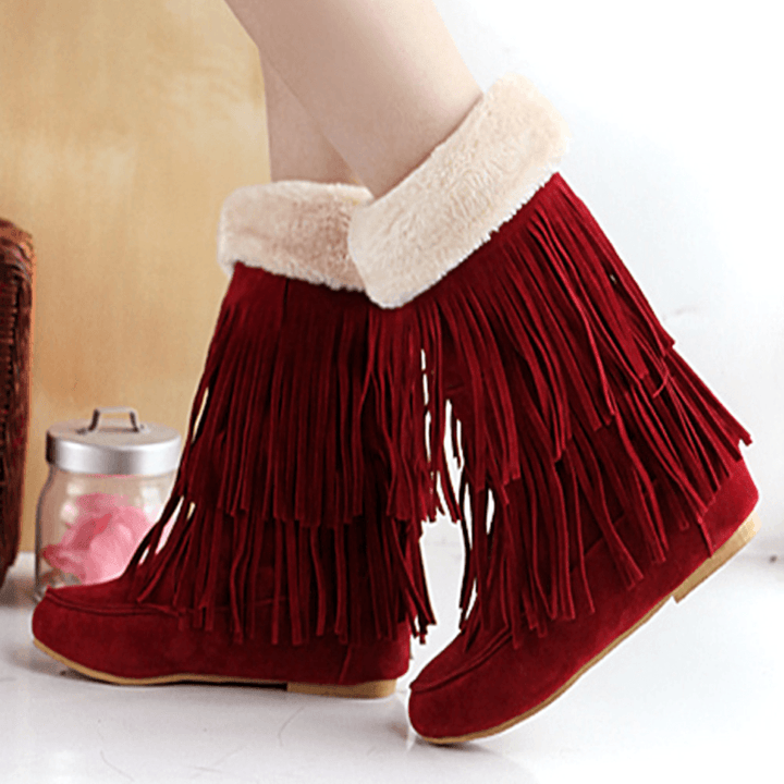 Women Tassel Boots Warm Fluff Flanging Mid-Calf Snow Boots