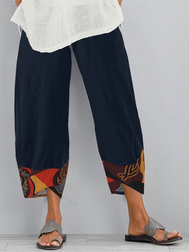 Ethnic Print Patchwork Elastic Waist Side Pocket Irregular Hem Pants for Women