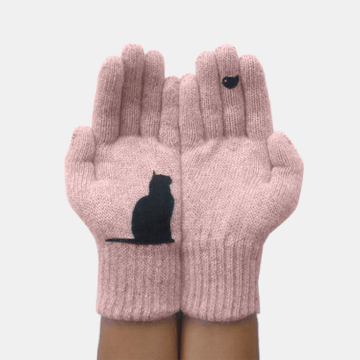 Women'S Wool Gloves Autumn Winter Outdoor Warm Cold Padded Cat Bird Print Glove - MRSLM