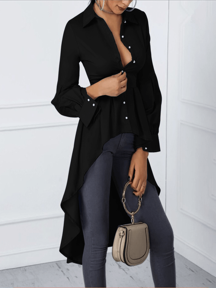 Solid Color Puff Sleeve Button Shirts High Low Hem Blouse for Women