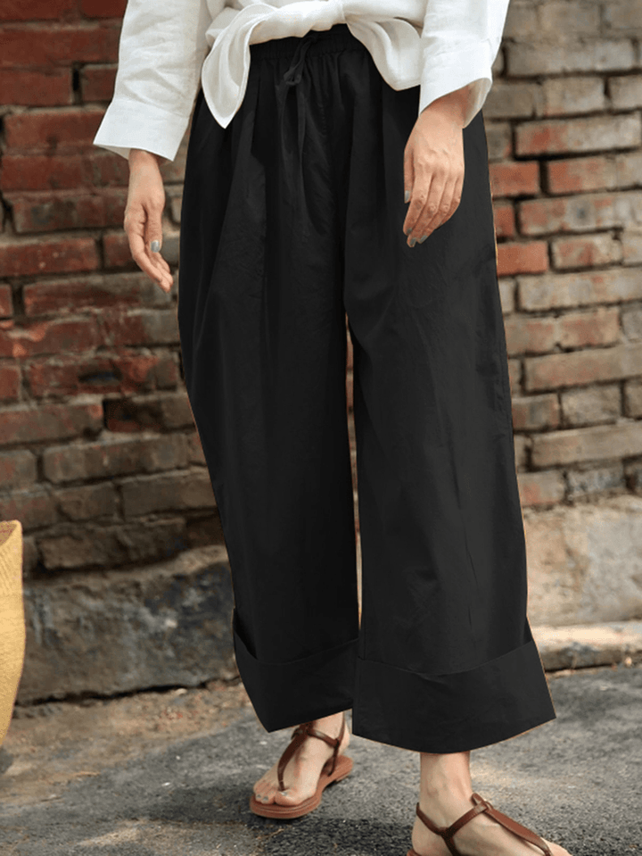 Women Casual Drawstring Waist Solid Holiday Vintage Wide Leg Pants with Pockets