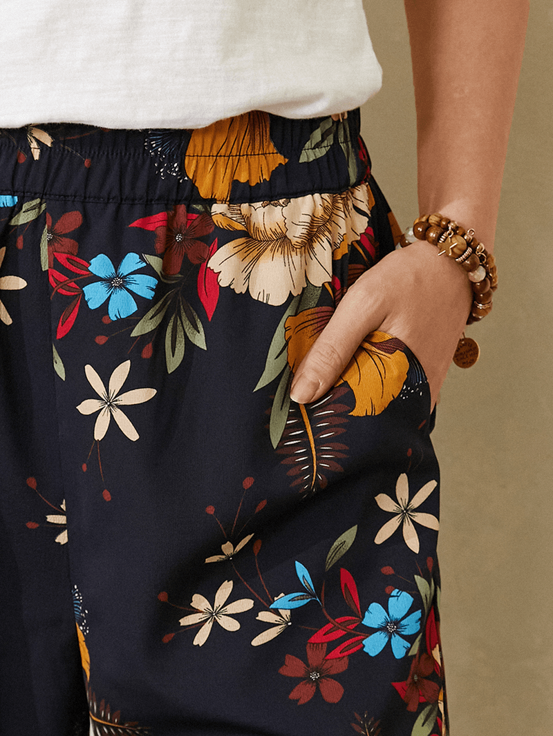 Women Floral Print Bohemian Tie Cuff Pants with Pocket