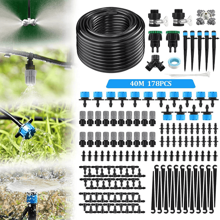 40M 178PCS Drip Irrigation Kit 1/4" Blank Distribution Tubing Automatic Irrigation Equipment Set with Adjustable Nozzle