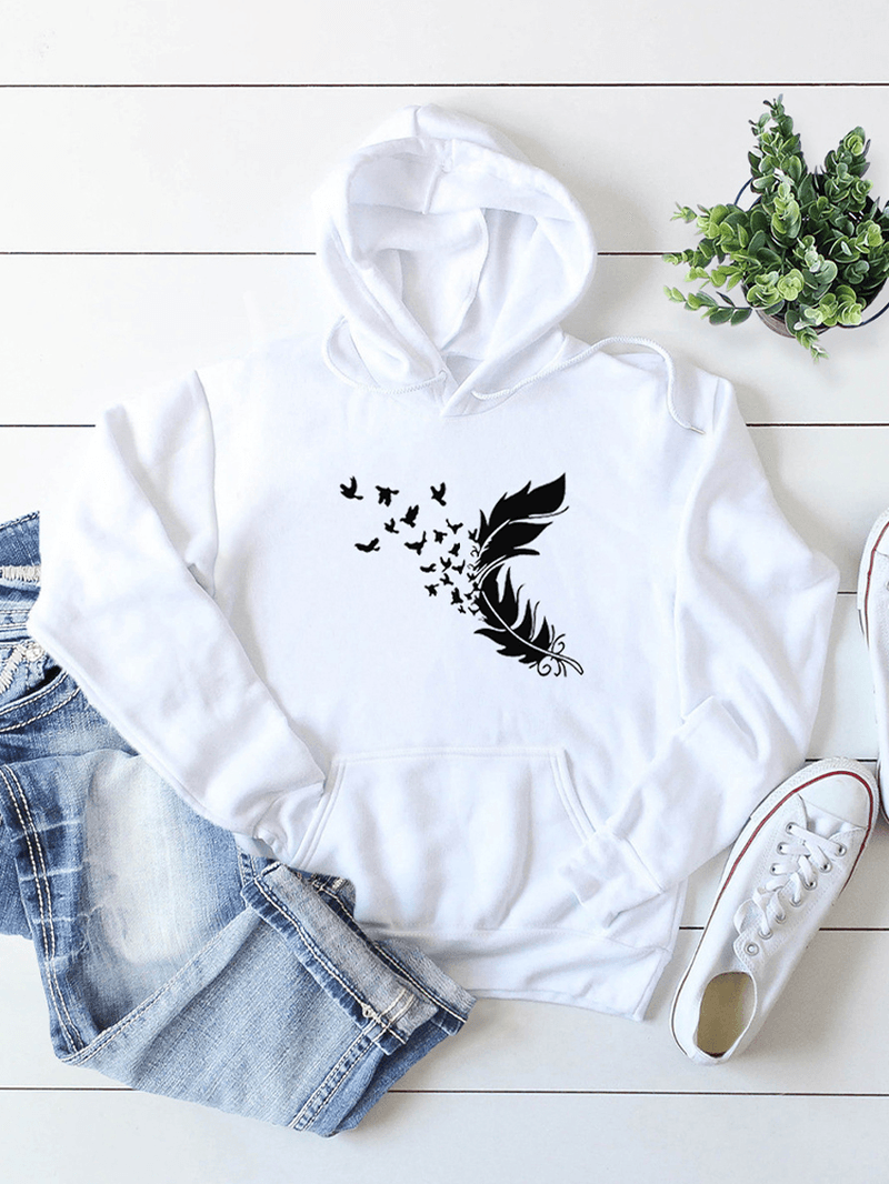 Women Feather Print Long Sleeve Casual Drawstring Pullover Hoodies