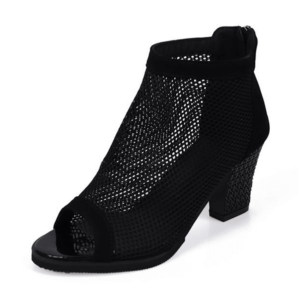 Women Casual Mesh Breathable Chunky Heel Hollow Out Peep-Toe Pumps Shoes