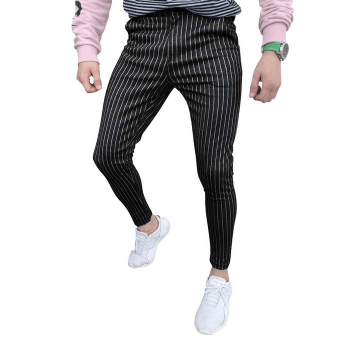 New European Style Striped Stitching Button-Style Slim-Fit Men'S Casual Pants