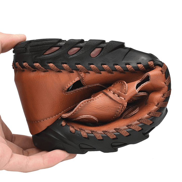 Men Cowhide Breathable Hollow Out Hand Stitching Soft Bottom Slip on Casual Outdoor Sandals