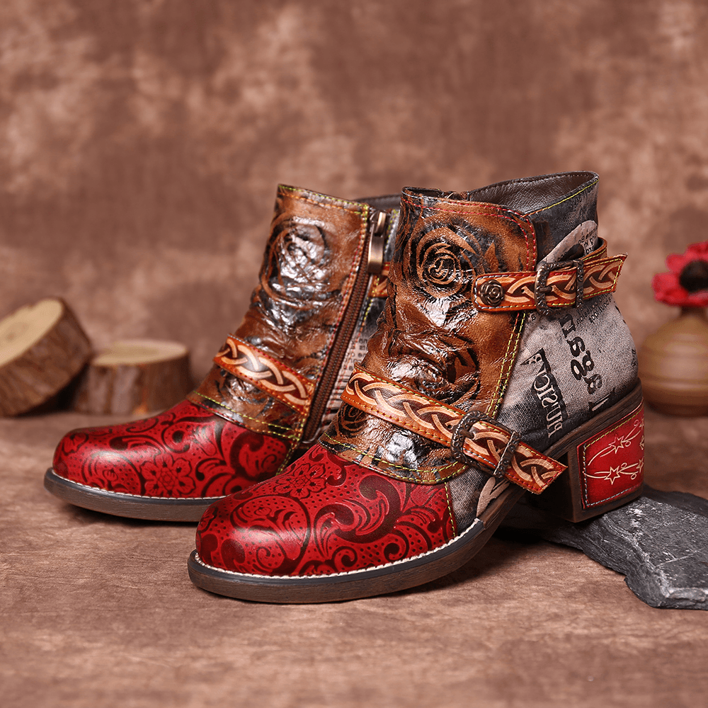 Women Embossed Rose Genuine Leather Splicing Boots