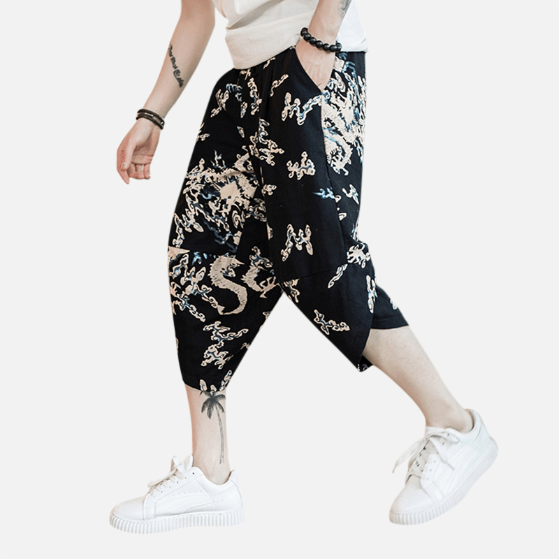 Mens Summer Chinese Style Linen Printing Calf Pants