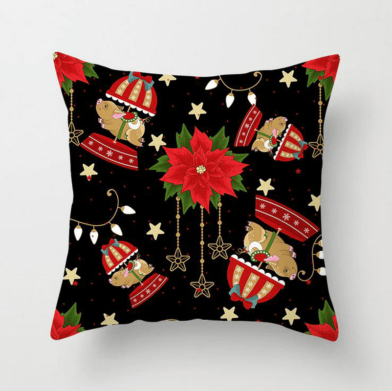 Polyester Black Decor Throw Pillow Case Single-Sided Printing Cartoon Christmas Gift Snowman Santa Claus Deer Cushion Cover - MRSLM