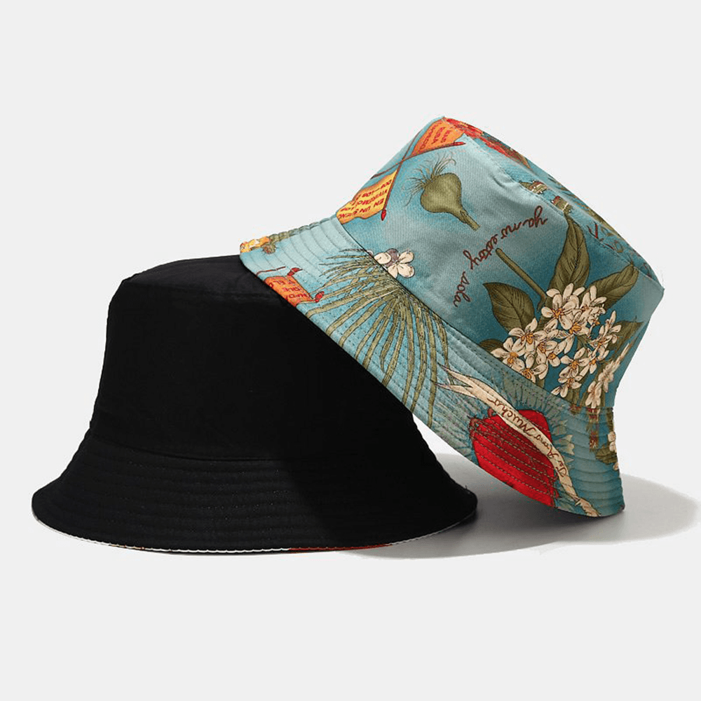 Women Double-Sided Summer UV Protection Marine Plant Pattern Casual Simple Sun Hat Bucket Hat