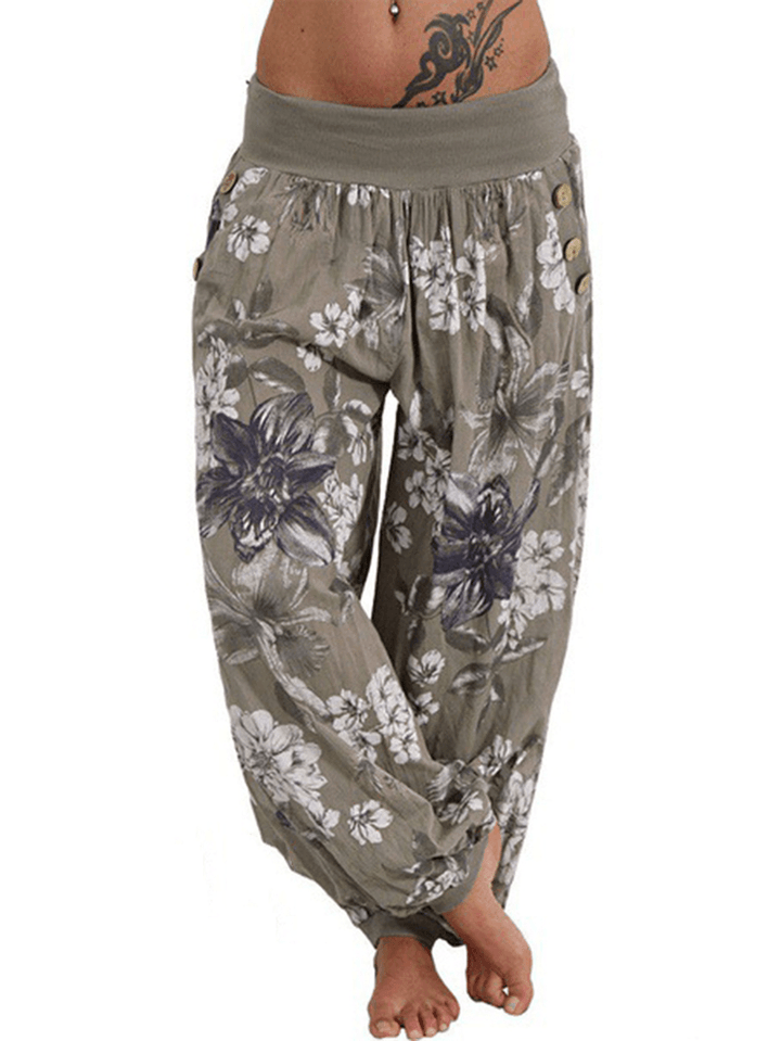 Women Casual Loose Floral Print Button Full Length Pants