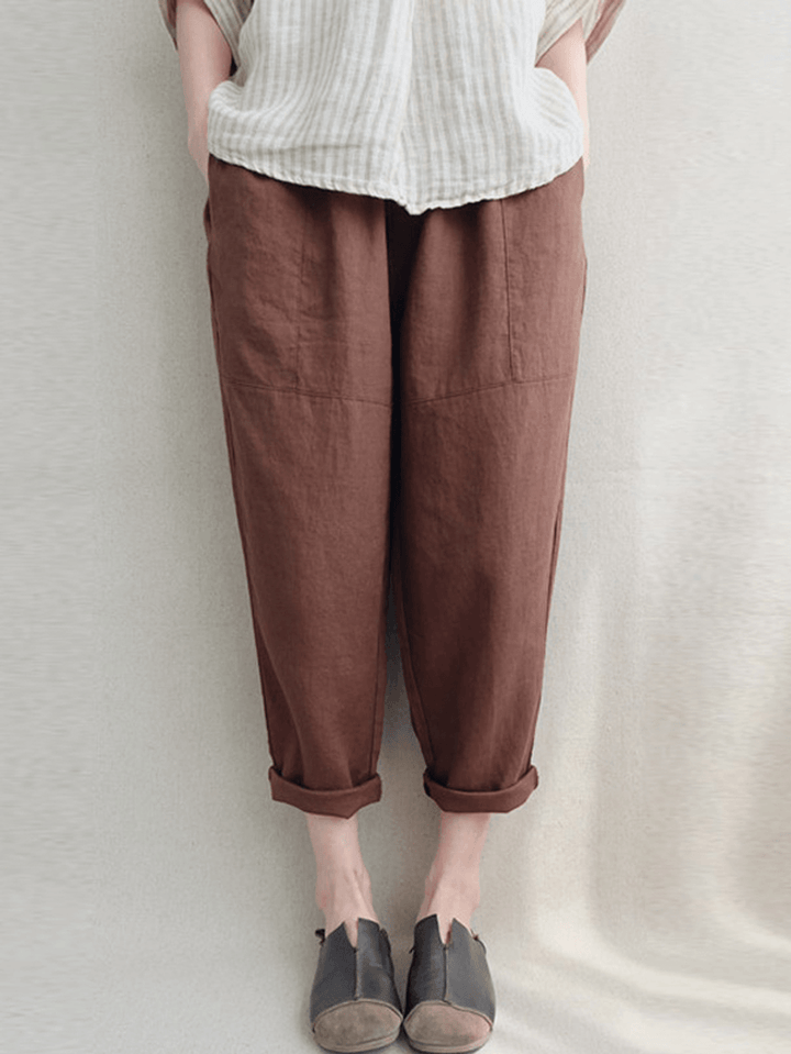 Women Vintage High Elastic Waist Solid Loose Cotton Harem Pants