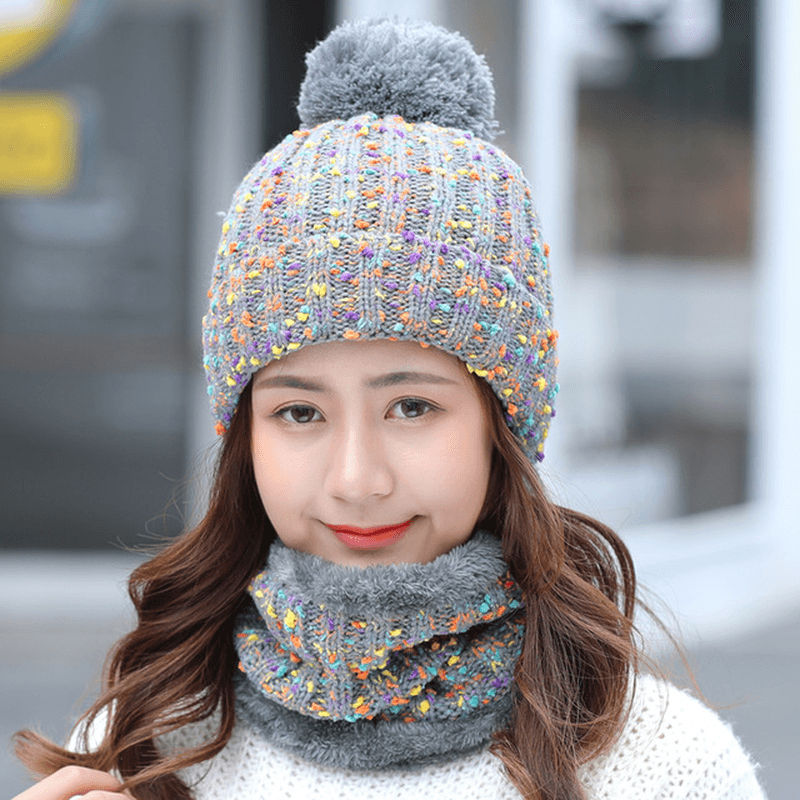 Thick Warm Wool Cap Bib Two-Piece Set Beanie Warm Winter Pom Cap