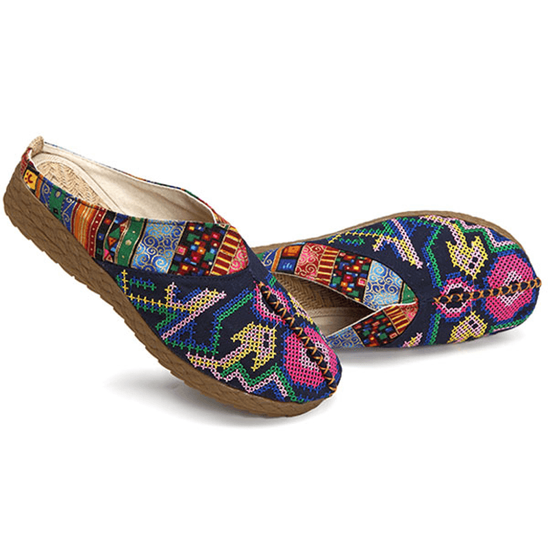 Women Flax Casual Outdoor Embroidery Flat Slipper Shoes